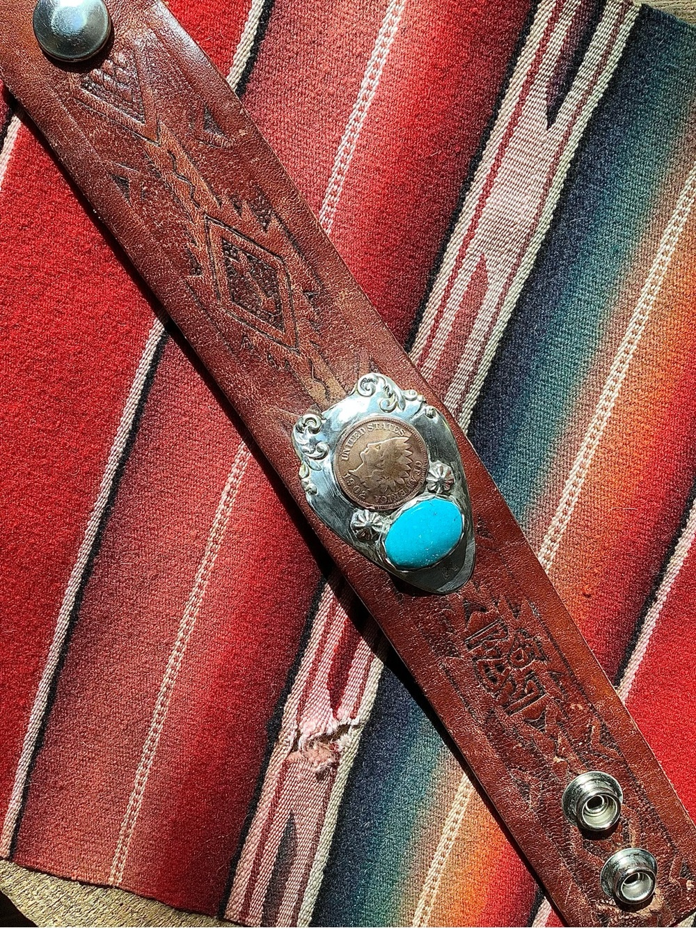 Turquoise & Coin Cuff, adjustable - Picture 4 of 10